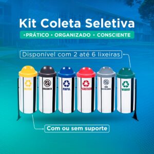 Kit Coleta Seletiva Flip Top Inox 50L - 2 até 6 Lixeiras (Com ou sem suporte)